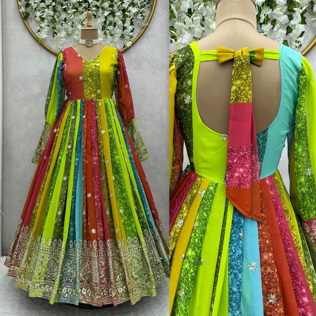 Multicolor georgette thread sequence work festive gown