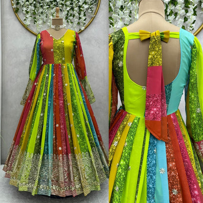 Multicolor georgette thread sequence work festive gown