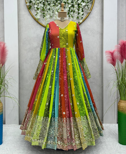 Multicolor georgette thread sequence work festive gown