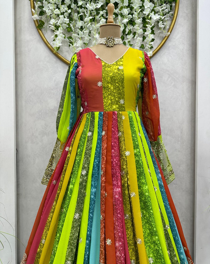 Multicolor georgette thread sequence work festive gown