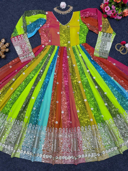 Multicolor georgette thread sequence work festive gown