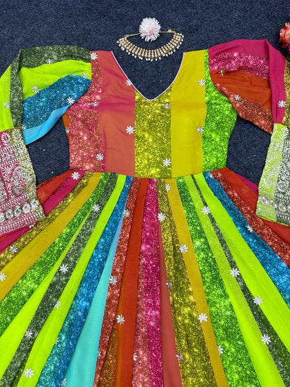 Multicolor georgette thread sequence work festive gown