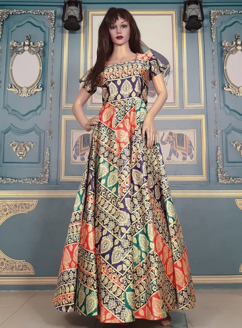 Multicolor gotta satin digital printed gown