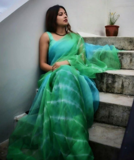 multicolor green heavy moss organza digital printed saree
