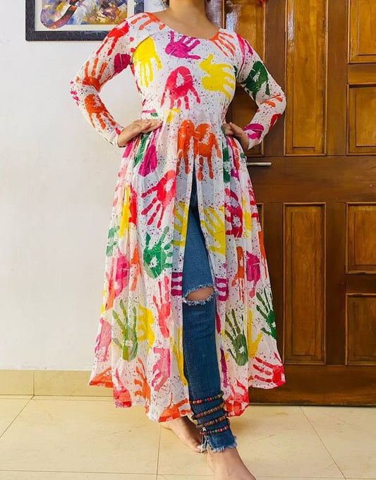 Multicolor hand print white holi festival kurti
