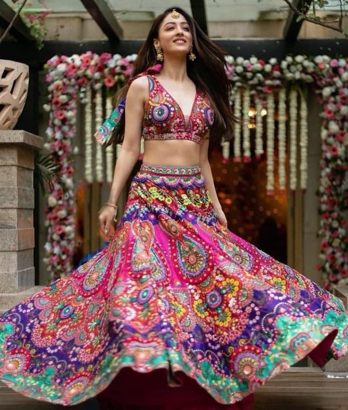 Multicolor italian silk digital printed crop top lehenga