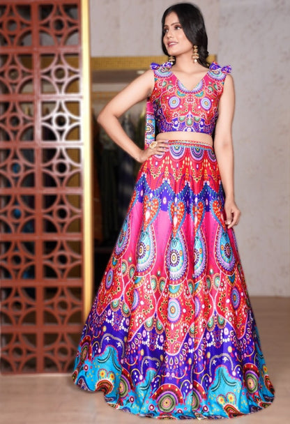 Multicolor italian silk digital printed crop top lehenga