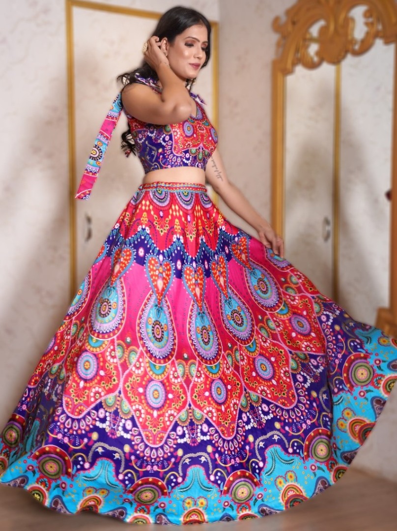 Multicolor italian silk digital printed crop top lehenga