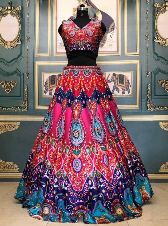 Multicolor italian silk digital printed crop top lehenga
