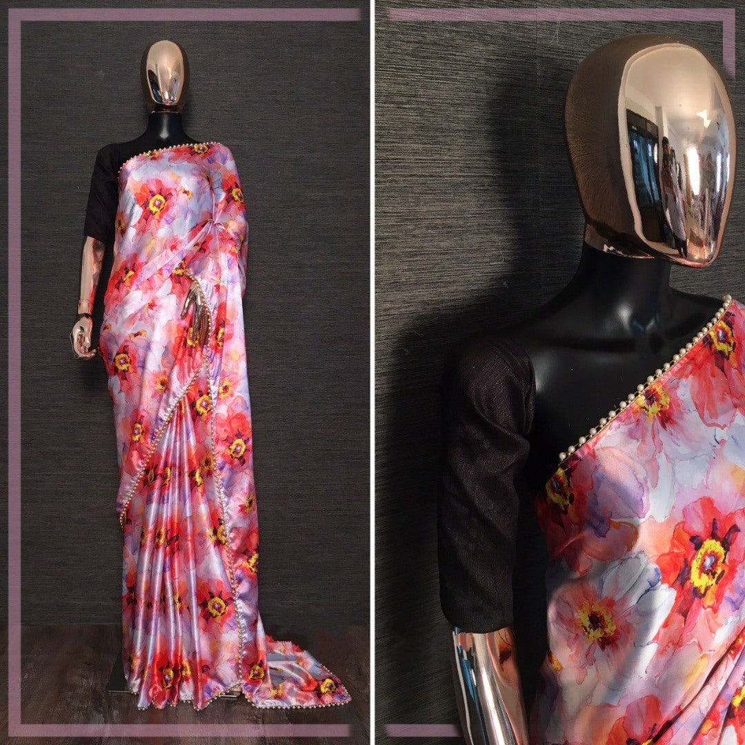Multicolor japan satin floral printed pearl border saree