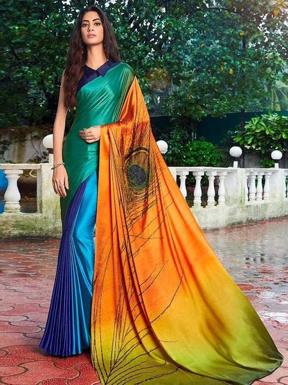 Multicolor japan satin morpinchh printed fancy party wear saree