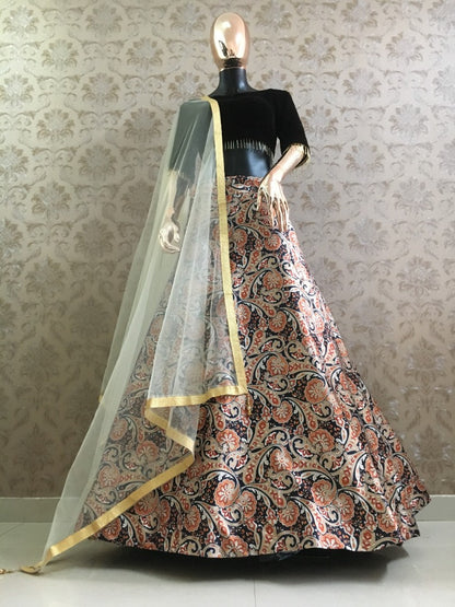 Multicolor kalamkari printed zari satin lehenga choli