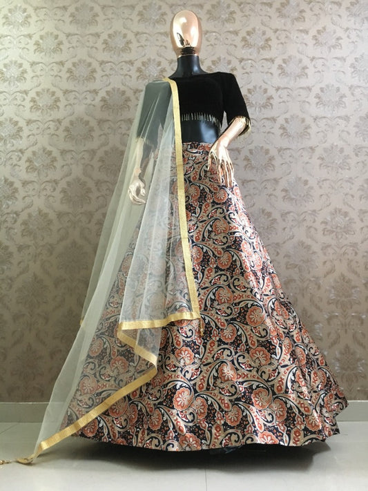 Multicolor kalamkari printed zari satin lehenga choli