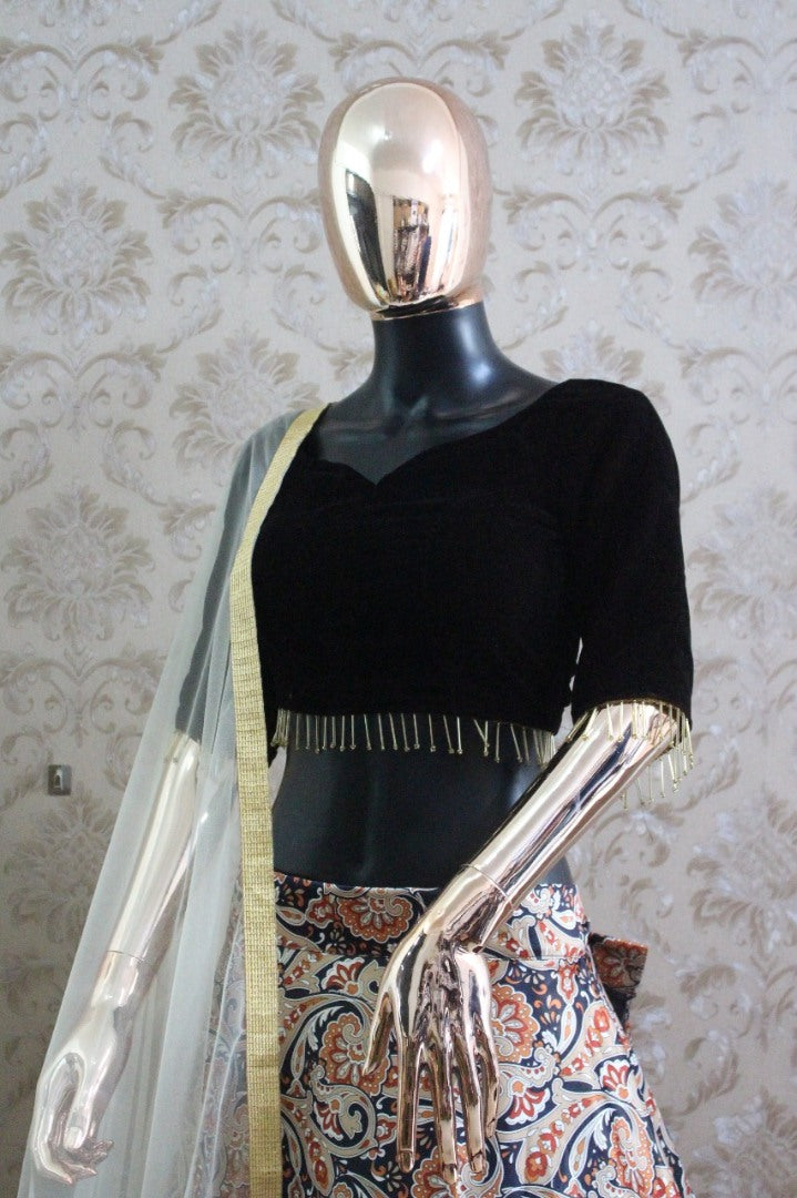 Multicolor kalamkari printed zari satin lehenga choli