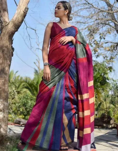 Multicolor khadi cotton color block print saree