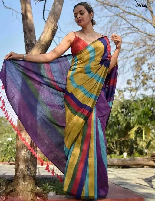 Multicolor khadi cotton color block print saree