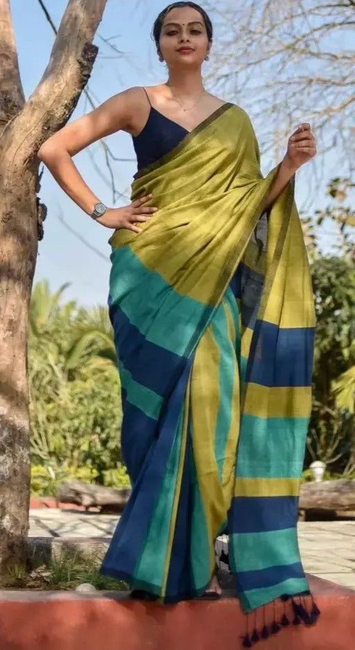 Multicolor khadi cotton color block print saree