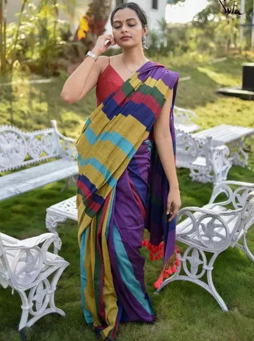 Multicolor khadi cotton color block print saree