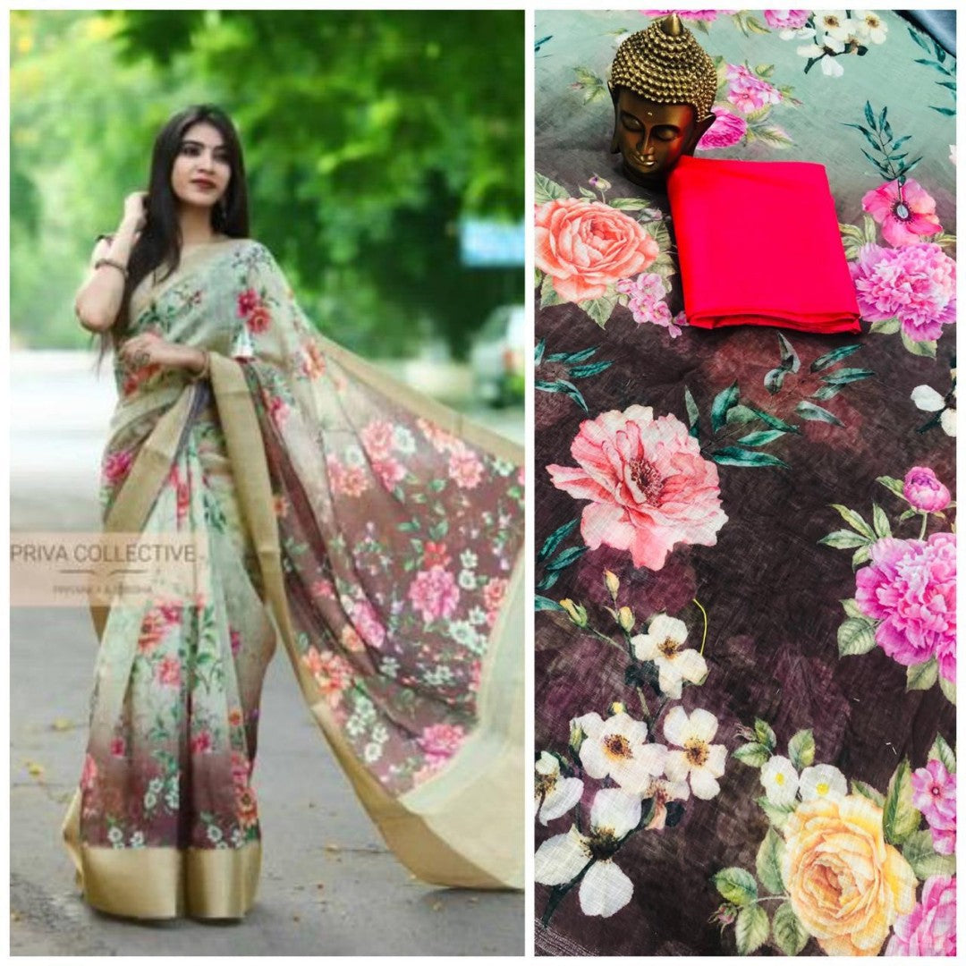 multicolor linen digital printed saree