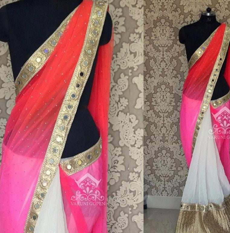 multicolor mono net mirror worked partywear saree