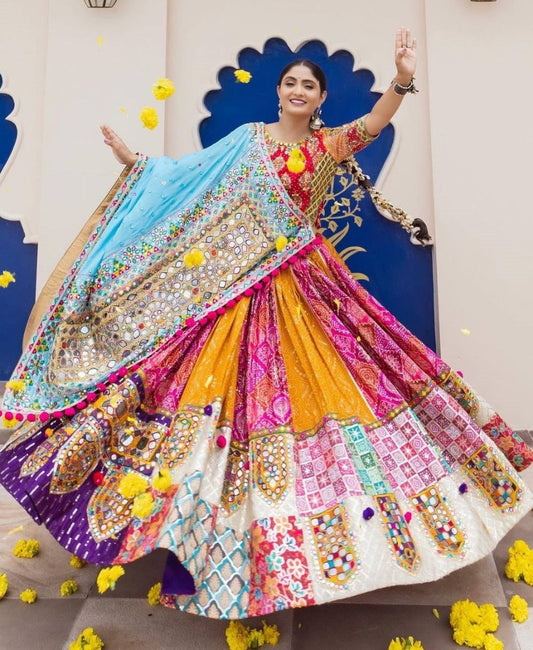 Multicolor muslin cotton gujarati garba navratri lehenga chaniya choli