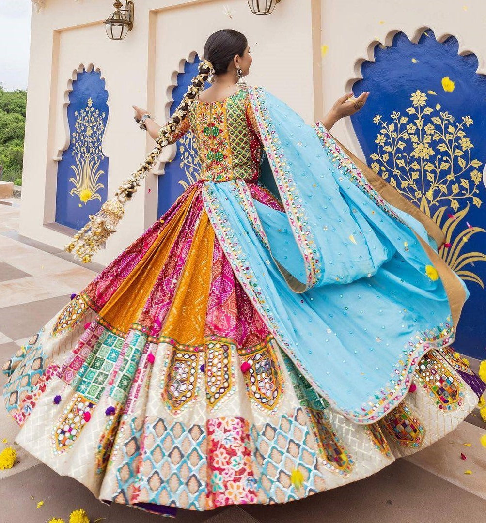 Multicolor muslin cotton gujarati garba navratri lehenga chaniya choli