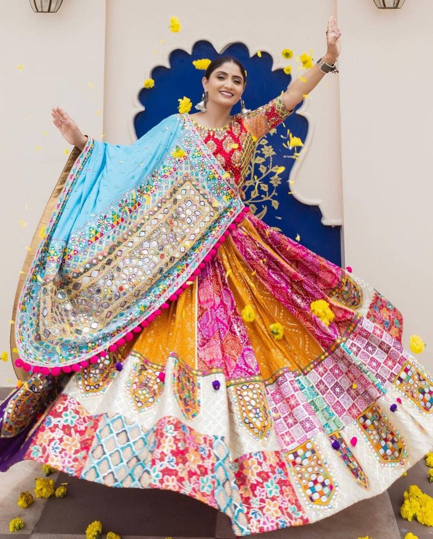 Multicolor muslin cotton gujarati garba navratri lehenga chaniya choli
