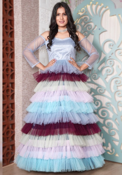 Multicolor net partywear gown