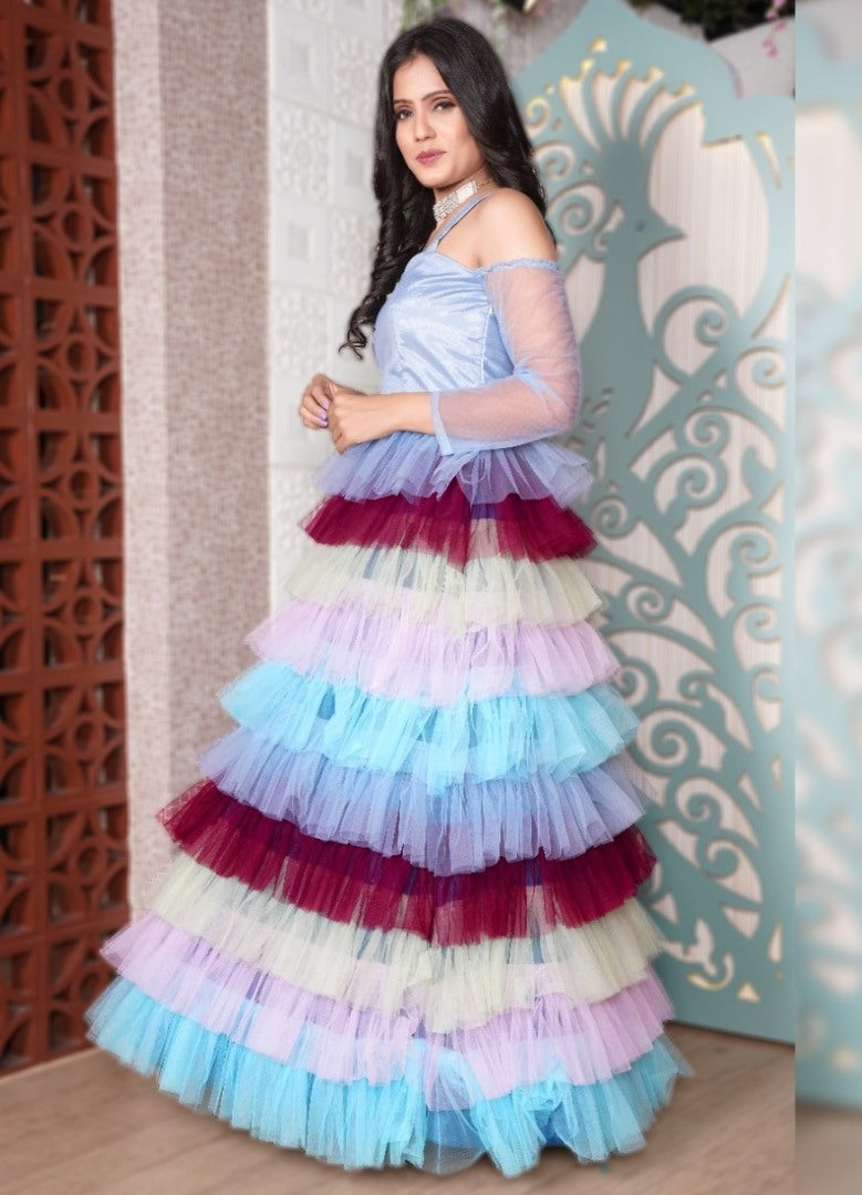 Multicolor net partywear gown