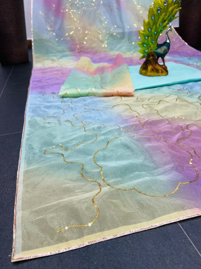 Multicolor organza digital print and sequence work saree