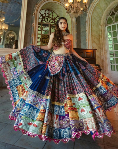 Multicolor print and mirror gota patti work gujarati garba navratri lehenga chaniya choli