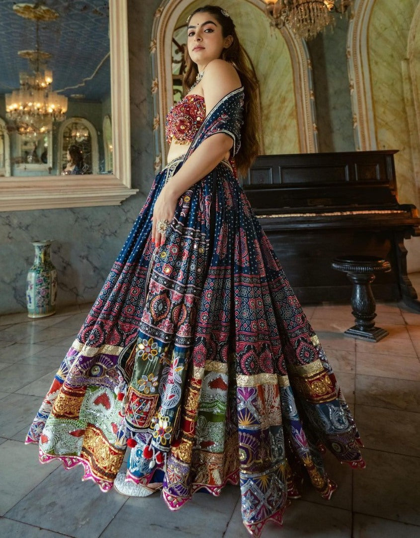 Multicolor print and mirror gota patti work gujarati garba navratri lehenga chaniya choli