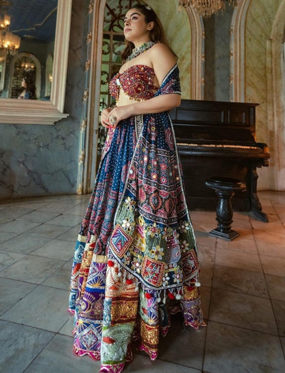 Multicolor print and mirror gota patti work gujarati garba navratri lehenga chaniya choli