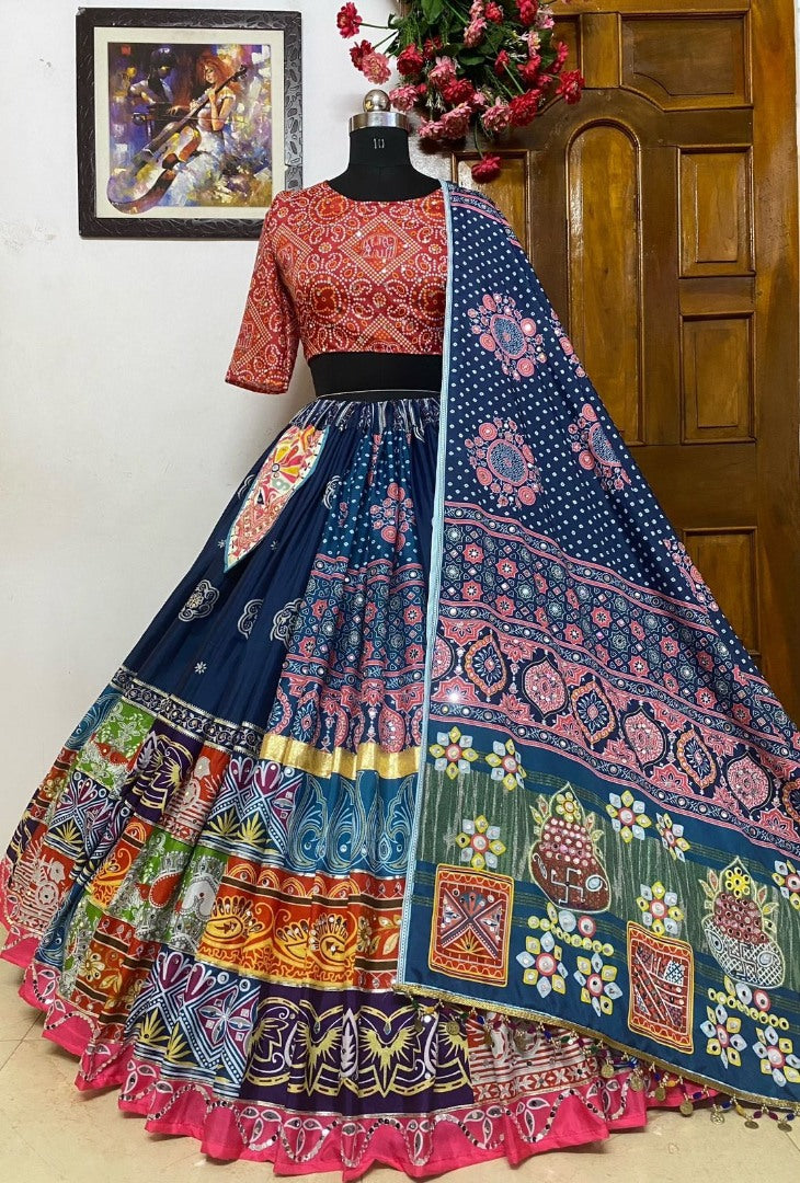 Multicolor print and mirror gota patti work gujarati garba navratri lehenga chaniya choli