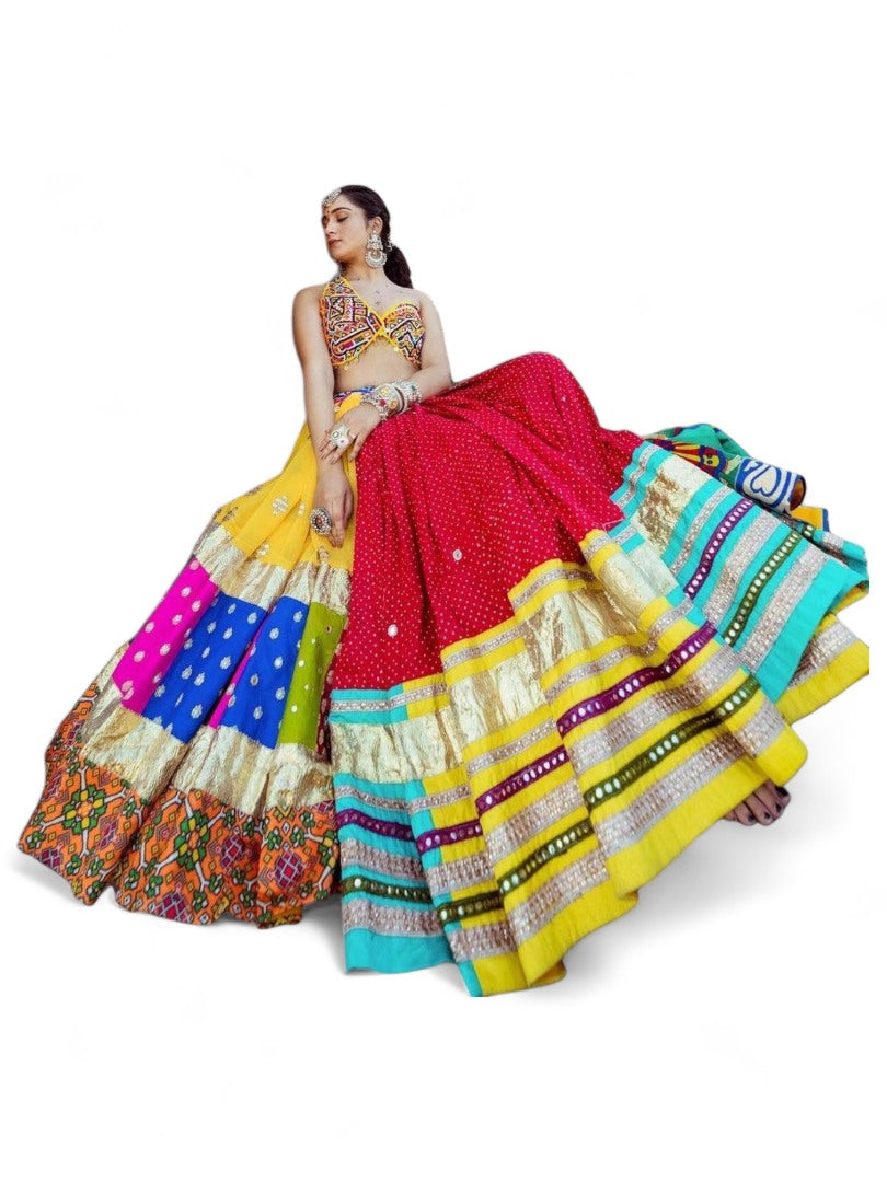 Multicolor print and mirror work designer navratri garba chaniya choli