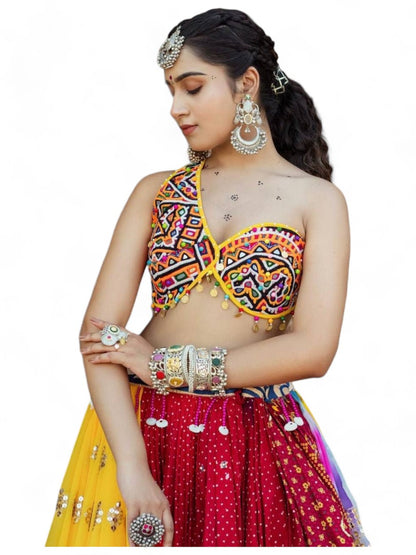 Multicolor print and mirror work designer navratri garba chaniya choli