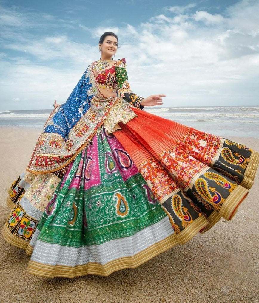 Multicolor print and mirror work gujarati garba navratri lehenga chaniya choli