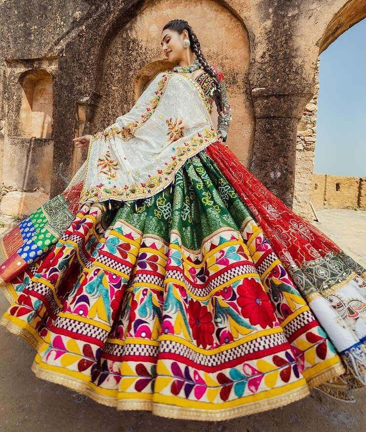 Multicolor print and mirror work gujarati garba navratri lehenga chaniya choli
