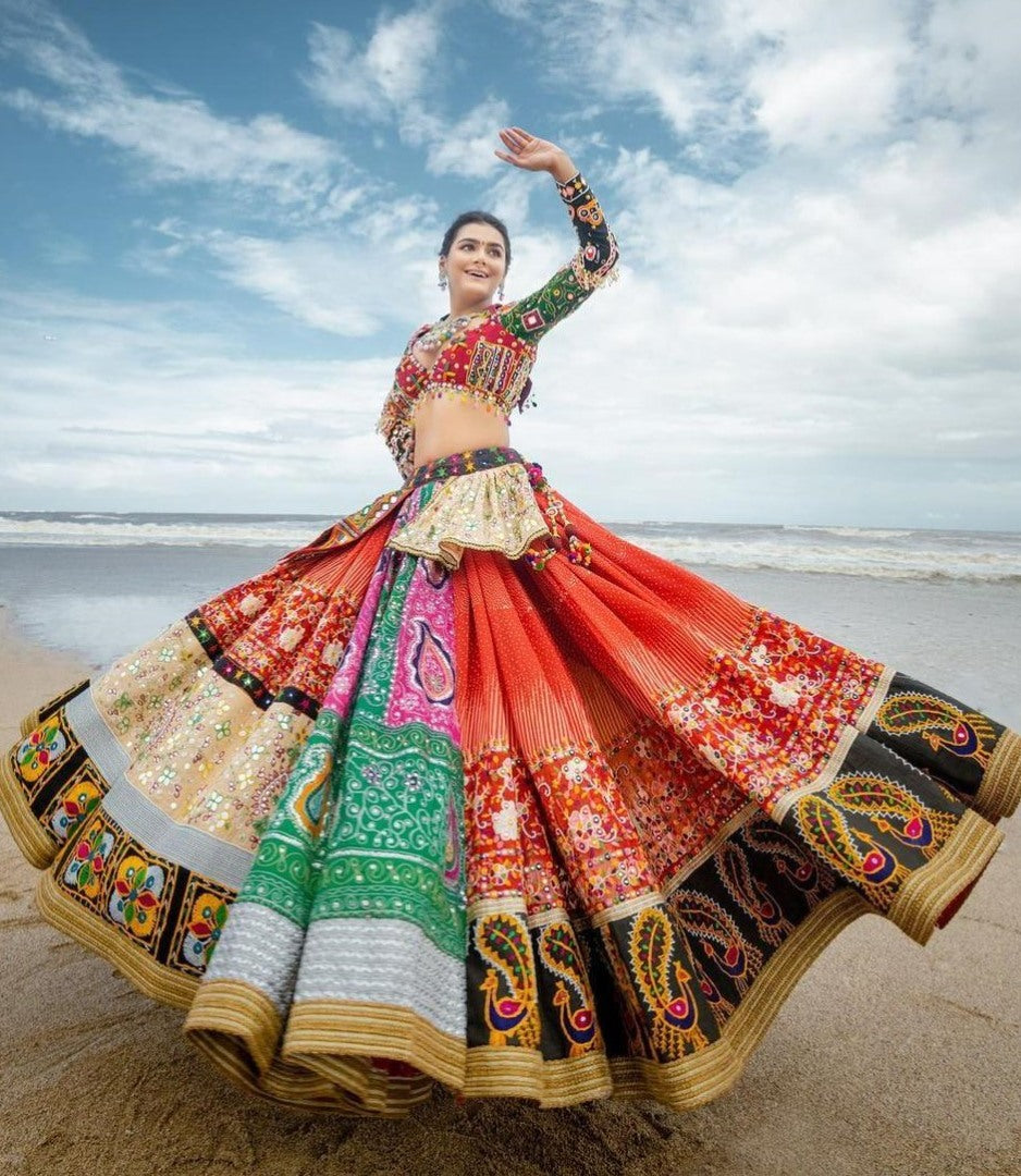 Multicolor print and mirror work gujarati garba navratri lehenga chaniya choli
