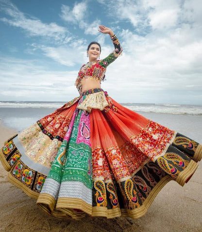 Multicolor print and mirror work gujarati garba navratri lehenga chaniya choli
