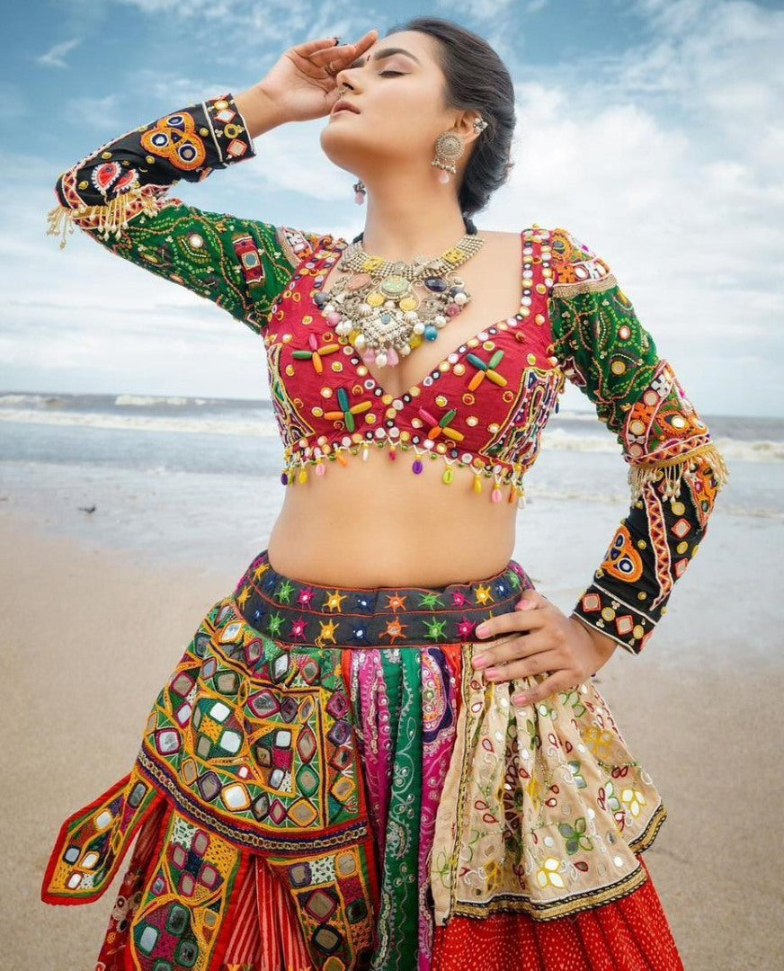Multicolor print and mirror work gujarati garba navratri lehenga chaniya choli