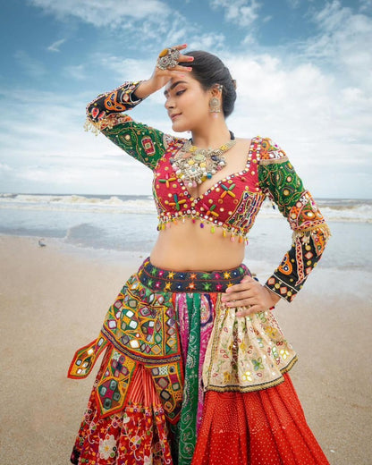 Multicolor print and mirror work gujarati garba navratri lehenga chaniya choli
