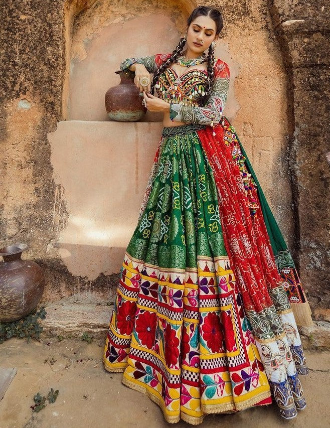 Multicolor print and mirror work gujarati garba navratri lehenga chaniya choli