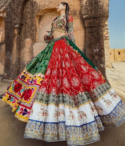 Multicolor print and mirror work gujarati garba navratri lehenga chaniya choli