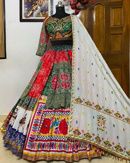 Multicolor print and mirror work gujarati garba navratri lehenga chaniya choli