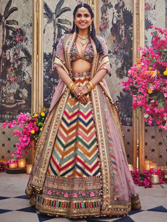 Multicolor print banarasi satin silk wedding lehenga choli