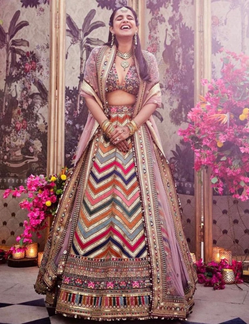 Multicolor print banarasi satin silk wedding lehenga choli