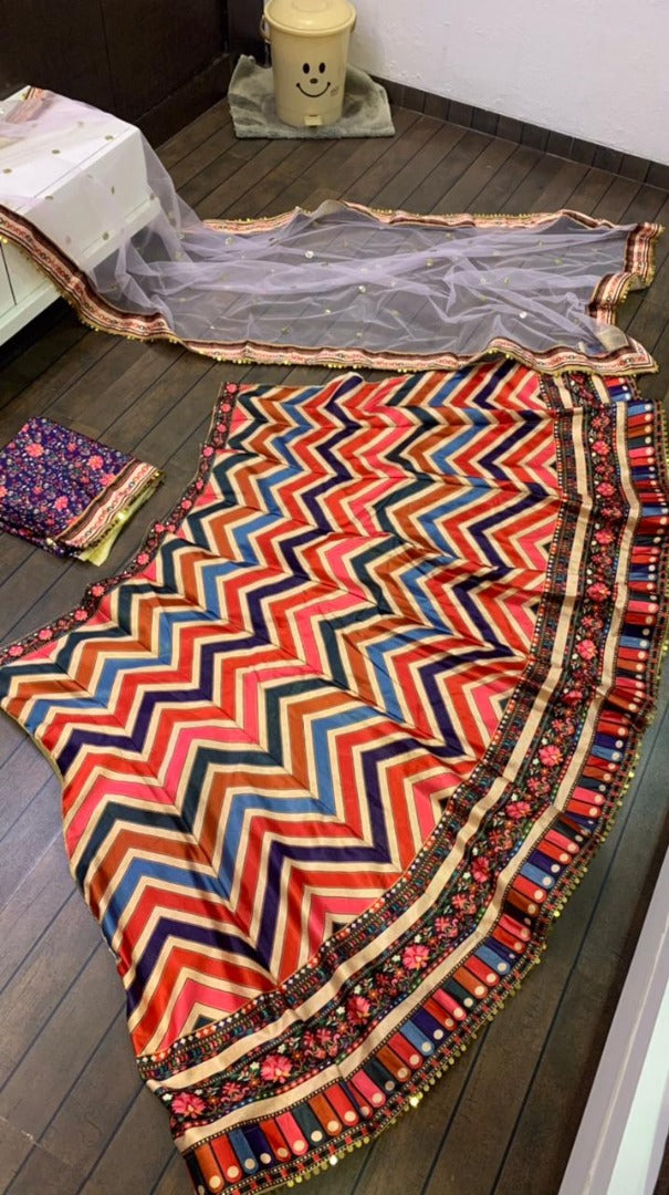 Multicolor print banarasi satin silk wedding lehenga choli