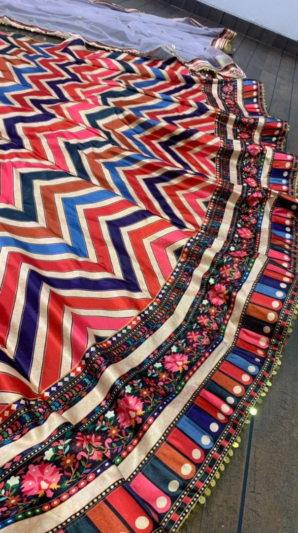 Multicolor print banarasi satin silk wedding lehenga choli
