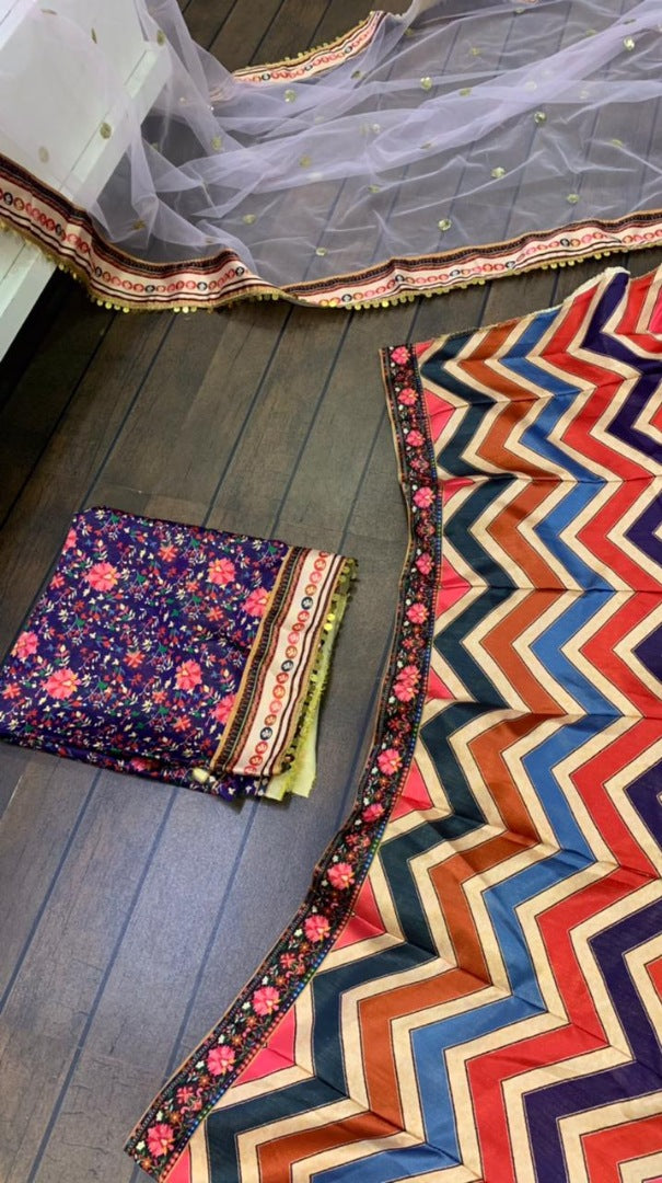 Multicolor print banarasi satin silk wedding lehenga choli